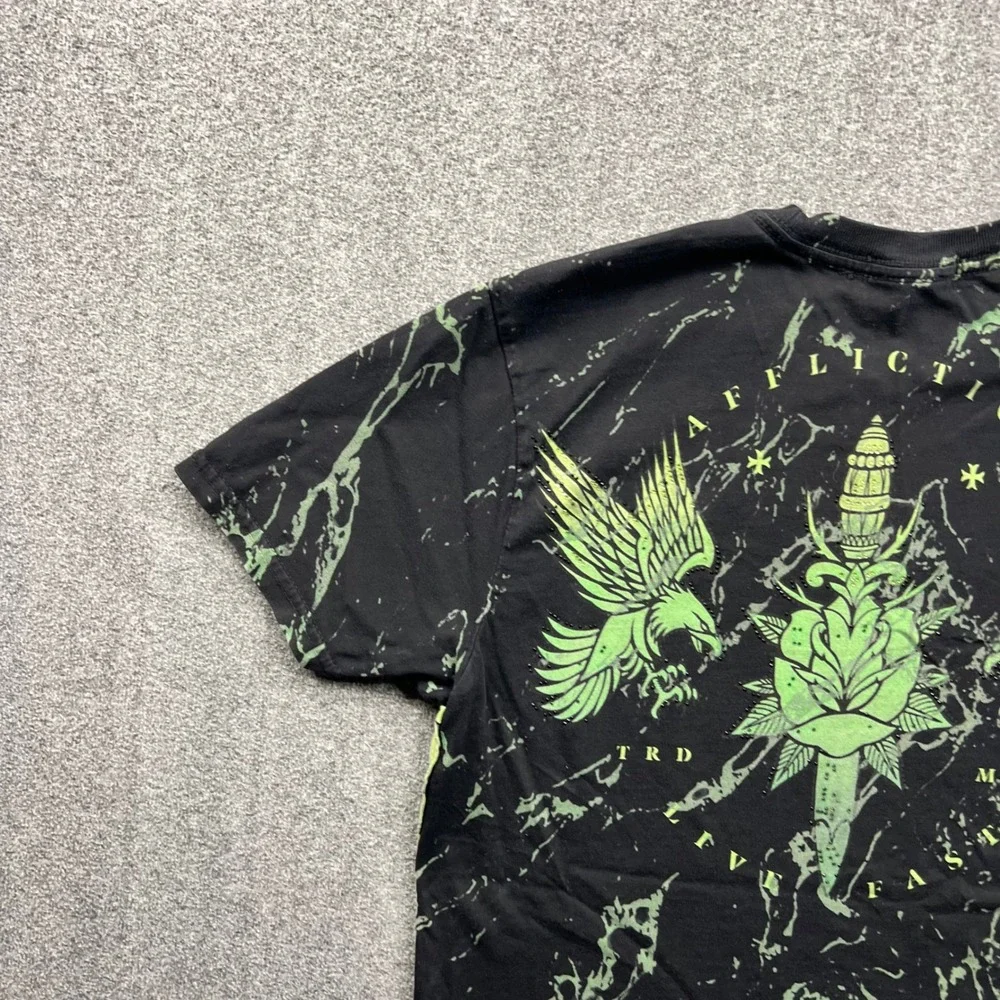 Affliction‎ T Shirt Mens Small Black Green Black Label Marble Winged Graphic Tee